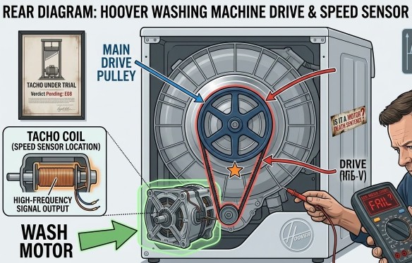 Diagram showing the rear of a Hoover washing machine with the motor, drive belt, and Tacho coil location highlighted